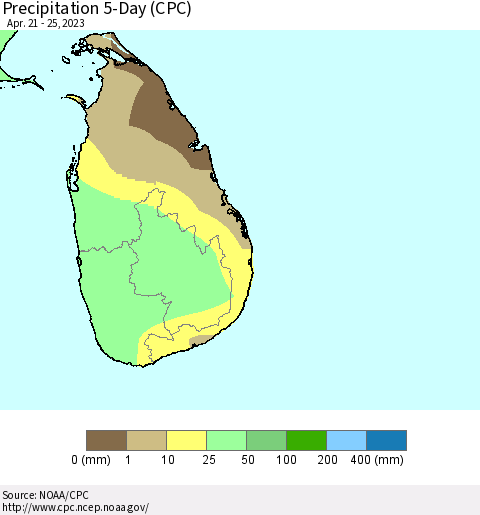 Sri Lanka Precipitation 5-Day (CPC) Thematic Map For 4/21/2023 - 4/25/2023