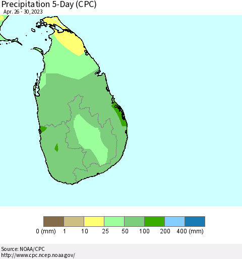 Sri Lanka Precipitation 5-Day (CPC) Thematic Map For 4/26/2023 - 4/30/2023