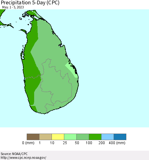 Sri Lanka Precipitation 5-Day (CPC) Thematic Map For 5/1/2023 - 5/5/2023