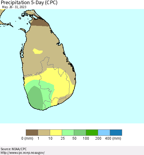 Sri Lanka Precipitation 5-Day (CPC) Thematic Map For 5/26/2023 - 5/31/2023