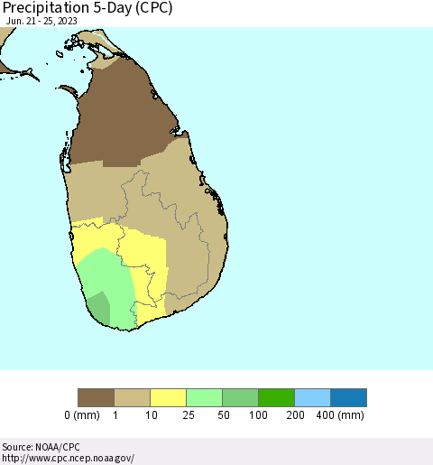 Sri Lanka Precipitation 5-Day (CPC) Thematic Map For 6/21/2023 - 6/25/2023