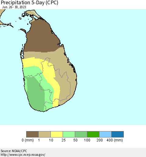 Sri Lanka Precipitation 5-Day (CPC) Thematic Map For 6/26/2023 - 6/30/2023