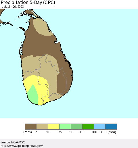Sri Lanka Precipitation 5-Day (CPC) Thematic Map For 7/16/2023 - 7/20/2023