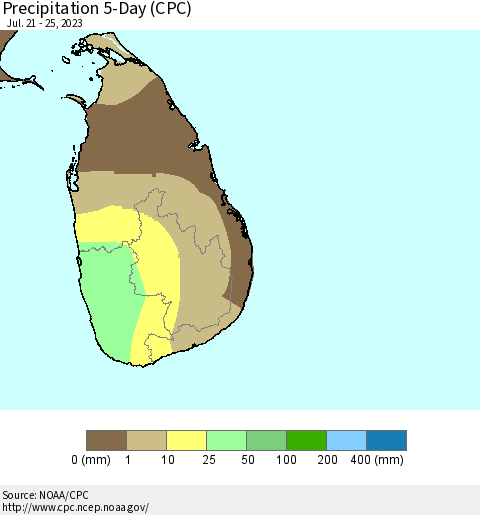Sri Lanka Precipitation 5-Day (CPC) Thematic Map For 7/21/2023 - 7/25/2023