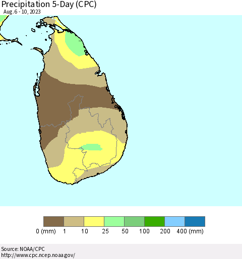 Sri Lanka Precipitation 5-Day (CPC) Thematic Map For 8/6/2023 - 8/10/2023