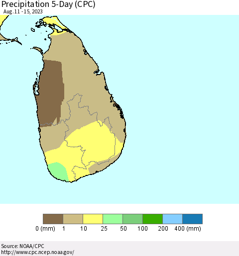 Sri Lanka Precipitation 5-Day (CPC) Thematic Map For 8/11/2023 - 8/15/2023