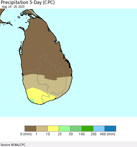 Sri Lanka Precipitation 5-Day (CPC) Thematic Map For 8/16/2023 - 8/20/2023