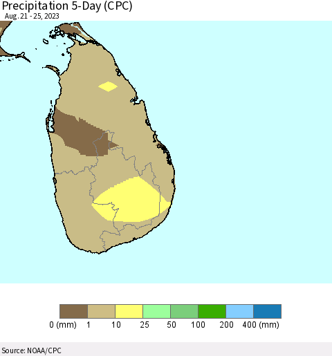 Sri Lanka Precipitation 5-Day (CPC) Thematic Map For 8/21/2023 - 8/25/2023