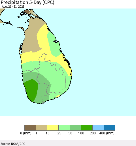 Sri Lanka Precipitation 5-Day (CPC) Thematic Map For 8/26/2023 - 8/31/2023