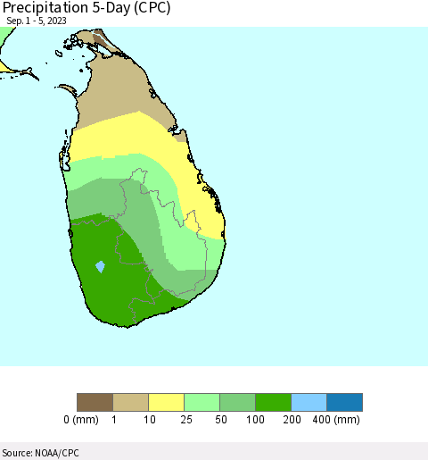 Sri Lanka Precipitation 5-Day (CPC) Thematic Map For 9/1/2023 - 9/5/2023