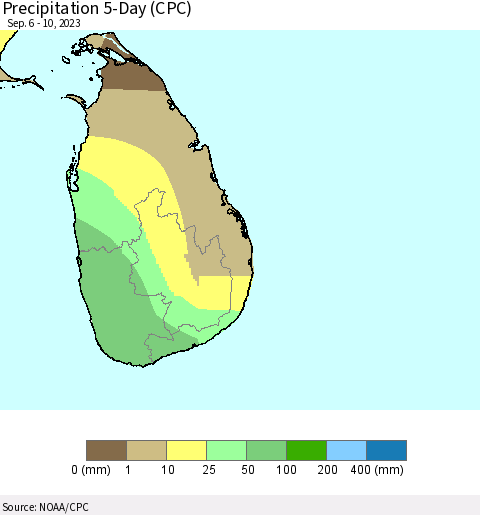 Sri Lanka Precipitation 5-Day (CPC) Thematic Map For 9/6/2023 - 9/10/2023