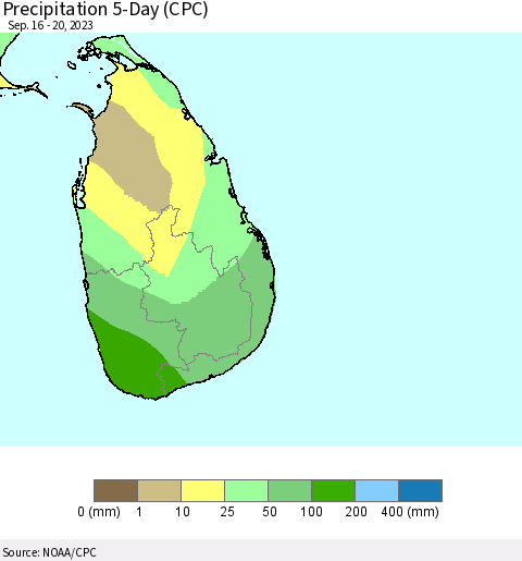Sri Lanka Precipitation 5-Day (CPC) Thematic Map For 9/16/2023 - 9/20/2023