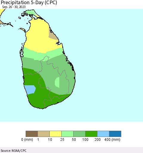Sri Lanka Precipitation 5-Day (CPC) Thematic Map For 9/26/2023 - 9/30/2023