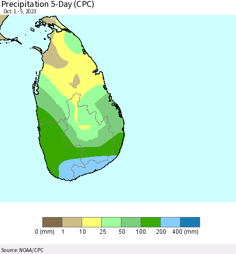 Sri Lanka Precipitation 5-Day (CPC) Thematic Map For 10/1/2023 - 10/5/2023