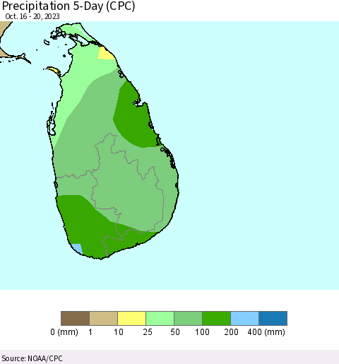 Sri Lanka Precipitation 5-Day (CPC) Thematic Map For 10/16/2023 - 10/20/2023