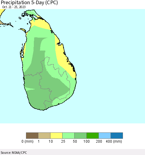 Sri Lanka Precipitation 5-Day (CPC) Thematic Map For 10/21/2023 - 10/25/2023