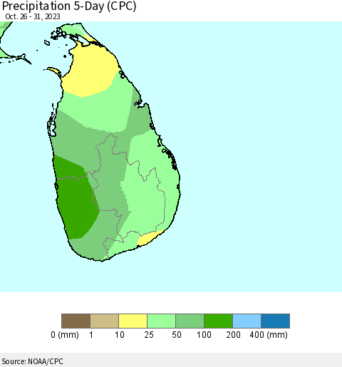 Sri Lanka Precipitation 5-Day (CPC) Thematic Map For 10/26/2023 - 10/31/2023