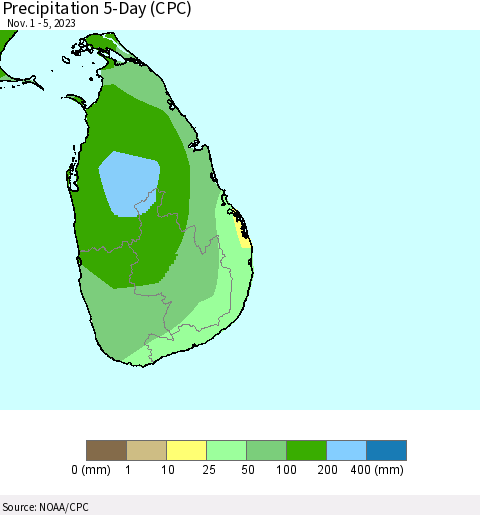 Sri Lanka Precipitation 5-Day (CPC) Thematic Map For 11/1/2023 - 11/5/2023