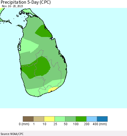 Sri Lanka Precipitation 5-Day (CPC) Thematic Map For 11/16/2023 - 11/20/2023