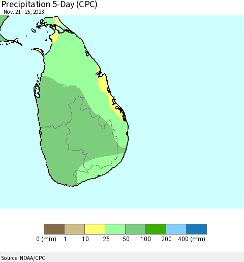Sri Lanka Precipitation 5-Day (CPC) Thematic Map For 11/21/2023 - 11/25/2023