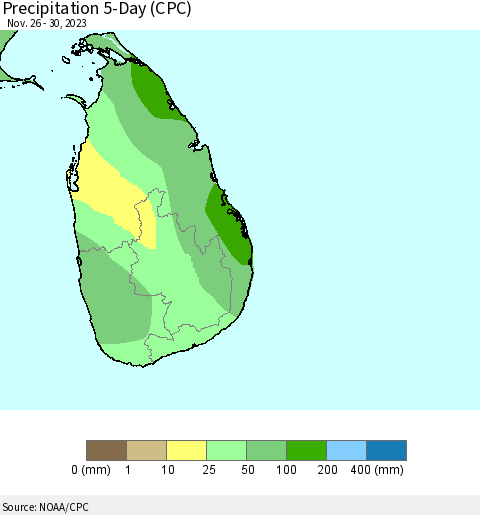 Sri Lanka Precipitation 5-Day (CPC) Thematic Map For 11/26/2023 - 11/30/2023