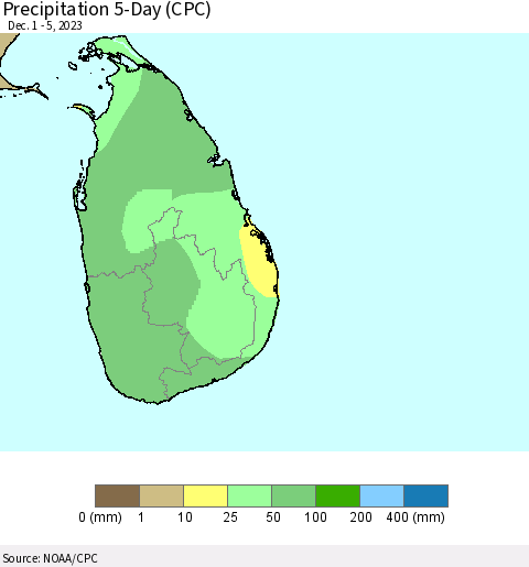 Sri Lanka Precipitation 5-Day (CPC) Thematic Map For 12/1/2023 - 12/5/2023