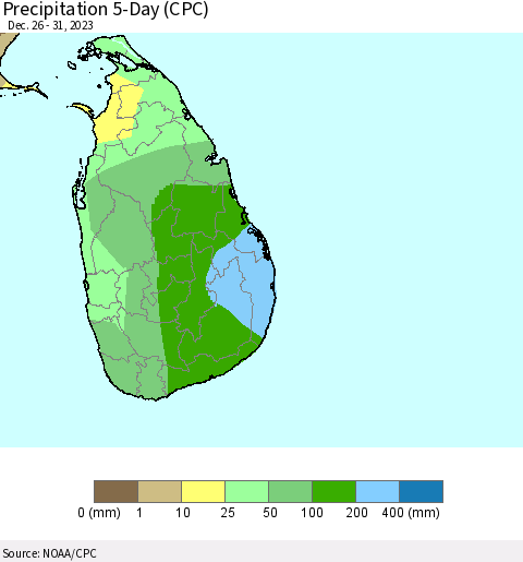 Sri Lanka Precipitation 5-Day (CPC) Thematic Map For 12/26/2023 - 12/31/2023
