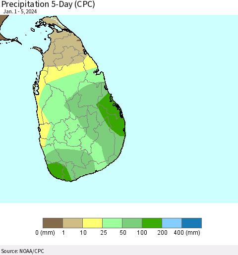 Sri Lanka Precipitation 5-Day (CPC) Thematic Map For 1/1/2024 - 1/5/2024