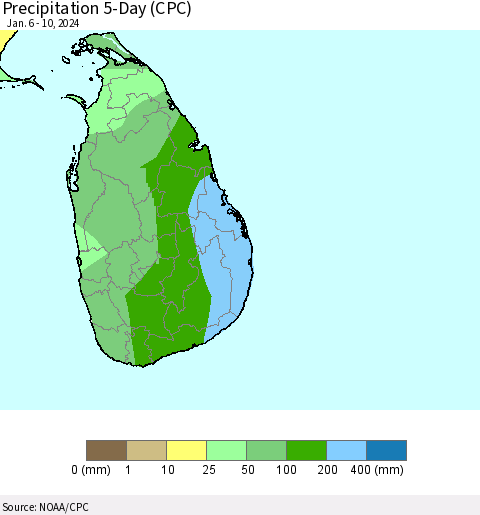 Sri Lanka Precipitation 5-Day (CPC) Thematic Map For 1/6/2024 - 1/10/2024
