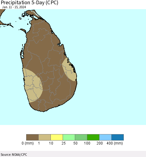 Sri Lanka Precipitation 5-Day (CPC) Thematic Map For 1/11/2024 - 1/15/2024