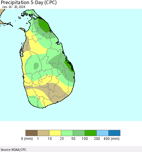 Sri Lanka Precipitation 5-Day (CPC) Thematic Map For 1/16/2024 - 1/20/2024