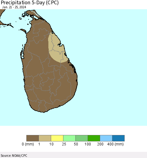 Sri Lanka Precipitation 5-Day (CPC) Thematic Map For 1/21/2024 - 1/25/2024