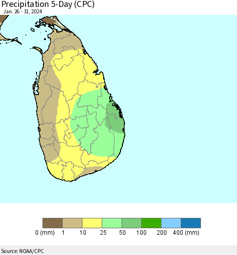 Sri Lanka Precipitation 5-Day (CPC) Thematic Map For 1/26/2024 - 1/31/2024