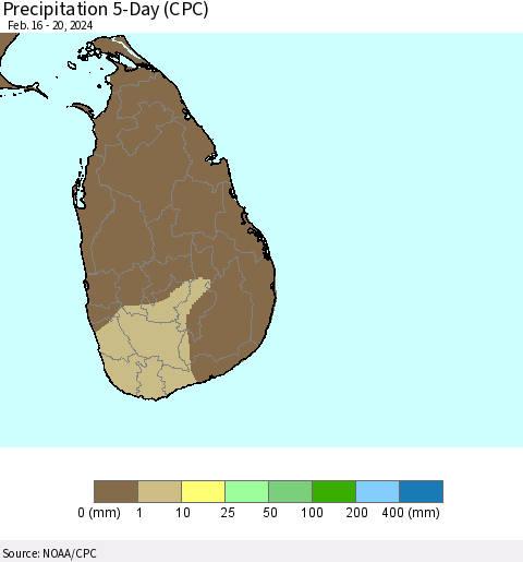 Sri Lanka Precipitation 5-Day (CPC) Thematic Map For 2/16/2024 - 2/20/2024
