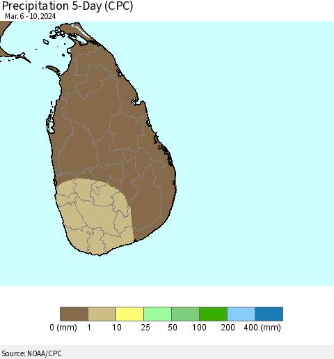 Sri Lanka Precipitation 5-Day (CPC) Thematic Map For 3/6/2024 - 3/10/2024