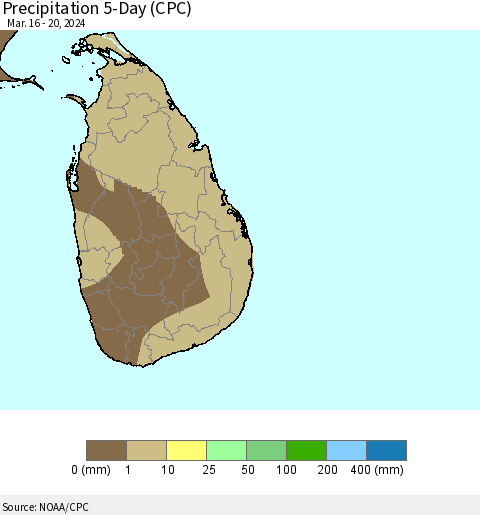 Sri Lanka Precipitation 5-Day (CPC) Thematic Map For 3/16/2024 - 3/20/2024