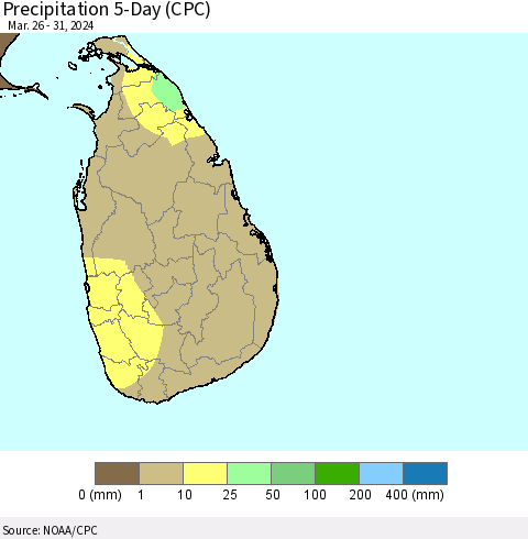 Sri Lanka Precipitation 5-Day (CPC) Thematic Map For 3/26/2024 - 3/31/2024