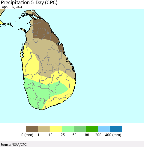 Sri Lanka Precipitation 5-Day (CPC) Thematic Map For 4/1/2024 - 4/5/2024