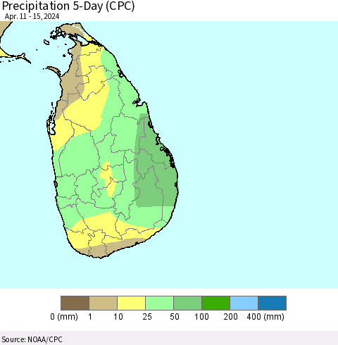 Sri Lanka Precipitation 5-Day (CPC) Thematic Map For 4/11/2024 - 4/15/2024