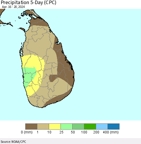 Sri Lanka Precipitation 5-Day (CPC) Thematic Map For 4/16/2024 - 4/20/2024
