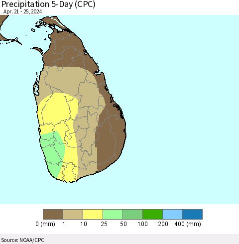 Sri Lanka Precipitation 5-Day (CPC) Thematic Map For 4/21/2024 - 4/25/2024