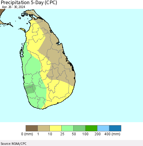 Sri Lanka Precipitation 5-Day (CPC) Thematic Map For 4/26/2024 - 4/30/2024