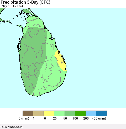 Sri Lanka Precipitation 5-Day (CPC) Thematic Map For 5/11/2024 - 5/15/2024