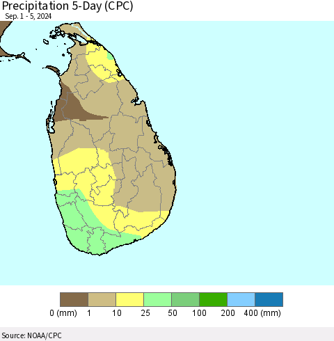 Sri Lanka Precipitation 5-Day (CPC) Thematic Map For 9/1/2024 - 9/5/2024