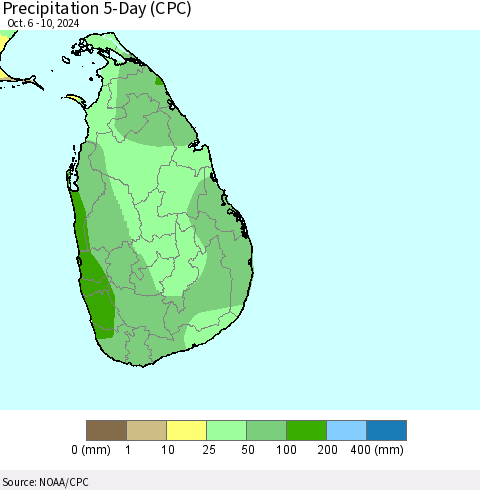 Sri Lanka Precipitation 5-Day (CPC) Thematic Map For 10/6/2024 - 10/10/2024