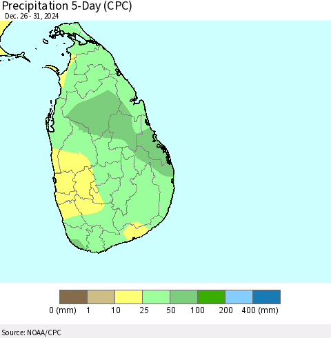 Sri Lanka Precipitation 5-Day (CPC) Thematic Map For 12/26/2024 - 12/31/2024