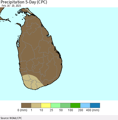 Sri Lanka Precipitation 5-Day (CPC) Thematic Map For 2/16/2025 - 2/20/2025