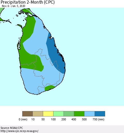 Sri Lanka Precipitation 2-Month (CPC) Thematic Map For 11/6/2019 - 1/5/2020
