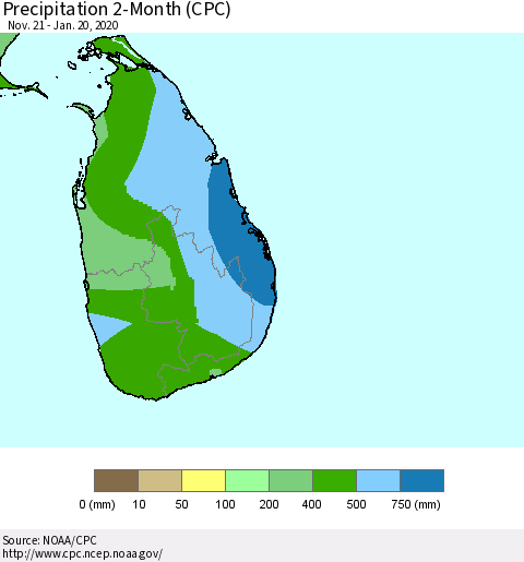 Sri Lanka Precipitation 2-Month (CPC) Thematic Map For 11/21/2019 - 1/20/2020