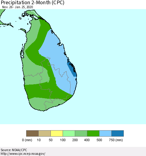 Sri Lanka Precipitation 2-Month (CPC) Thematic Map For 11/26/2019 - 1/25/2020